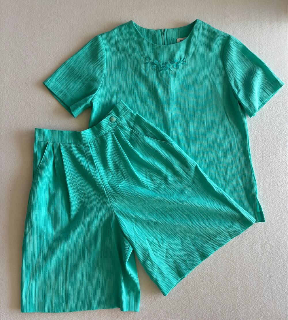 Vintage 1980s Graff Californiawear Matching Set Size Small Teal Coastal Grandma